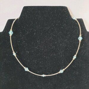 Choker Necklace Stretch Adjustable Silver Tone Blue Beads